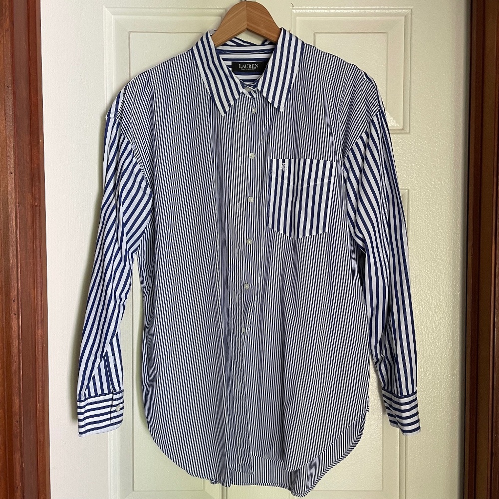 LAUREN RALPH LAUREN Women's Striped Cotton Broadcloth Shirt Large